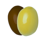 Image of one black and one green olive